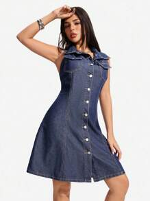 SHEIN PETITE 女式夏季休闲纽扣前褶腰无袖牛仔连衣裙 - 藍色 - 查看 4