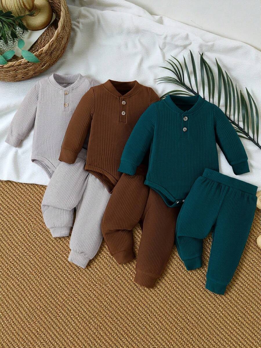 SHEIN Vintaside Kids 2 件装男婴柔软纯色圆领长袖休闲连体衣和裤子套装 - 彩色 - 查看 1