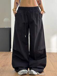Coolane 女式春夏复古街头装工装运动休闲街头装白色抽绳运动阔腿裤 - 黑色 - 查看 2