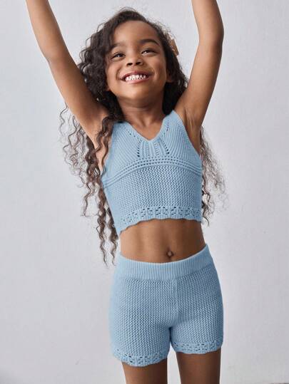 Maija Kids Maija Kids 2pcs Young Girl Fashion Casual Outfit, Includes Crocheted Loose Fit Tank Top And Relaxed Shorts, Comfortable For Outing, Home, Beach, Spring/Summer Girls Crochet Set Girls Two Piece Set Girls Blue Set Girls Knit Set Girls Ribbed Set,In Fall/Winter