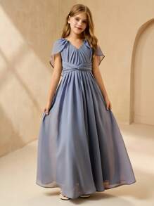 SHEIN Tween Girls V-Neck Waist Twist Pleat Elegant Summer Dress Fall Winter