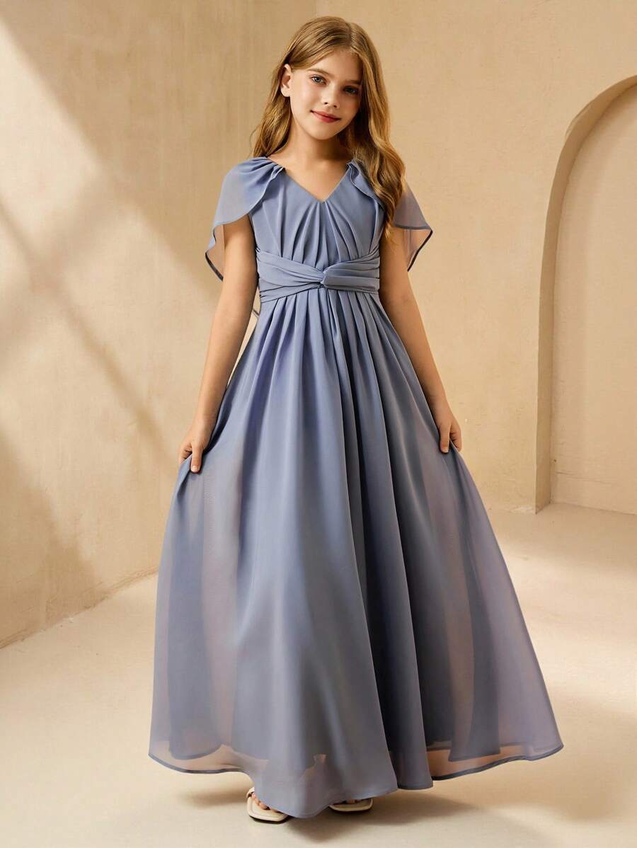 SHEIN Tween Girls V-Neck Waist Twist Pleat Elegant Summer Dress Fall Winter