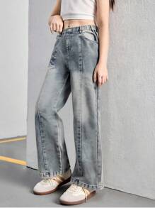 Jeans rectos holgados de pierna ancha lavados para niñas con costuras de contraste, casual y versátil para uso diario, diseño sencillo y de moda