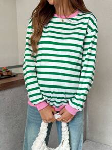 SHEIN Fall Clothes,Autumn Clothes,Maternity Autumn Clothes ,Green Striped Contrast Pink Oversized Casual Long Sleeve Sweatshirt For Pregnant Striped Long Sleeve Top Women Long Sleeve Top Green And White Striped Top Pink And White Striped Top Maternity Striped Top Striped Maternity Top Women Long Sleeve Top Pink And Green Striped Top - Green - View 6