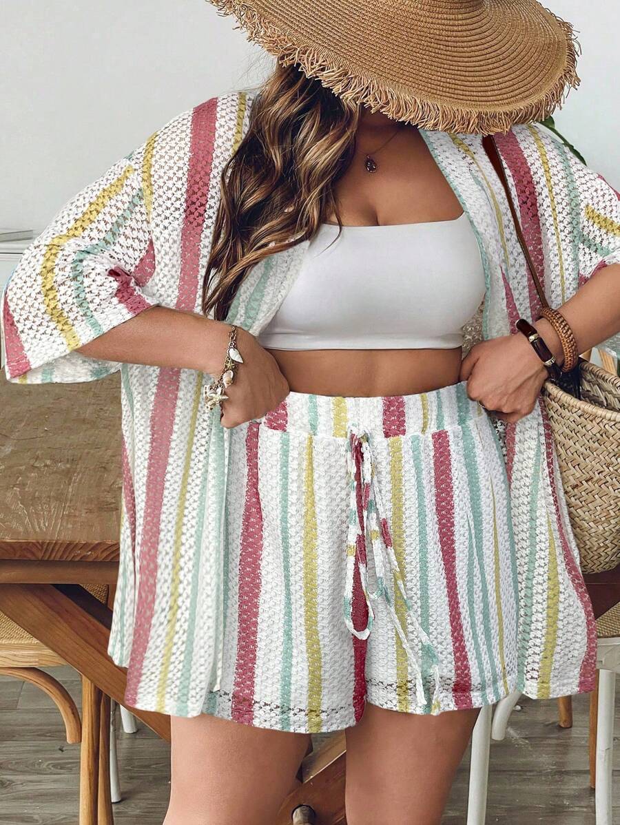 SHEIN VCAY 大码女式蓝白条纹衬衫和短裤针织两件套，夏季假日 - 彩色 - 查看 1