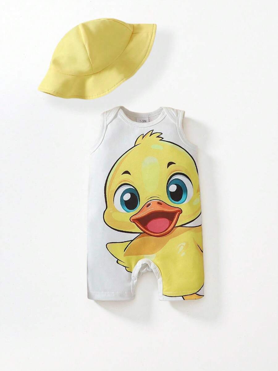 SHEIN Conjunto de mameluco sin mangas con estampado de pato lindo para bebé recién nacido niño + sombrero de ala ancha tejido amarillo casual para vacaciones, adecuado para bebés de 1 a 9 meses, apropiado para vacaciones, actividades al aire libre y viajes de ocio - Multicolor - Ver 1