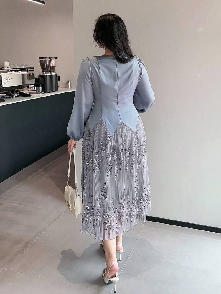 Dazy Plus Plus Size Solid Color Patchwork Sequin Mesh Long Sleeve Party Dress, Spring/Autumn Luxury Prom Dress Elegant Women Dresses Sparkly Dress Maxi Dress