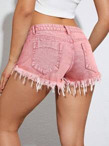 SHEIN EZwear Pantaloncini di jeans estivi alla moda da donna, con orlo sfrangiato e effetto vissuto