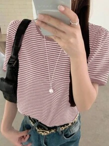 DAZY 女式夏季露背系带V领条纹休闲短袖T恤 - 粉色 - 查看 5