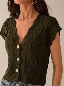 Lilora 镂空钩花波浪纹V领单排扣针织上衣都市风无袖羊毛开衫上衣都市休闲浪漫优雅出门