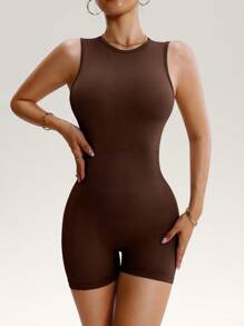 Dewbera 女式简约纯色露背无缝运动连体衣，夏季 - 咖啡棕 - 查看 5