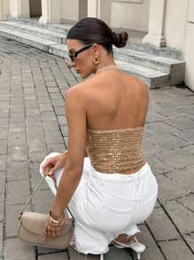 SHEIN Frenchy Camiseta de tirantes con cuello halter sin espalda y hebilla metálica con lentejuelas de moda de verano para mujer