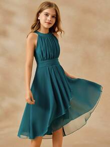 SHEIN Flower Girl Elegant Ball Gown Dress, Wedding Season Chiffon Small Ditsy Floral Halter Neck Midi Dress, Girls Luxurious Fashion Puffy Princess Dress Fall Winter