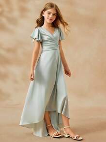 SHEIN Girls Big Tween Girl Bridesmaid V-Neck Short Sleeve Ruffle Hem High-Low Formal Dress, Fit For Weddings, Parties, Birthdays, Performances Fall Winter