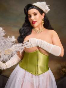 SHEIN Plus Size Vintage Palace Style Sexy Shaping Satin Drawstring Steel Boned Waist Cincher, Mustard Green - Mustard Yellow - View 1