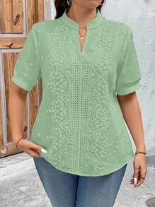 SHEIN Clasi 大码女式度假花卉刺绣V领短袖休闲衬衫 - 薄荷綠 - 查看 5