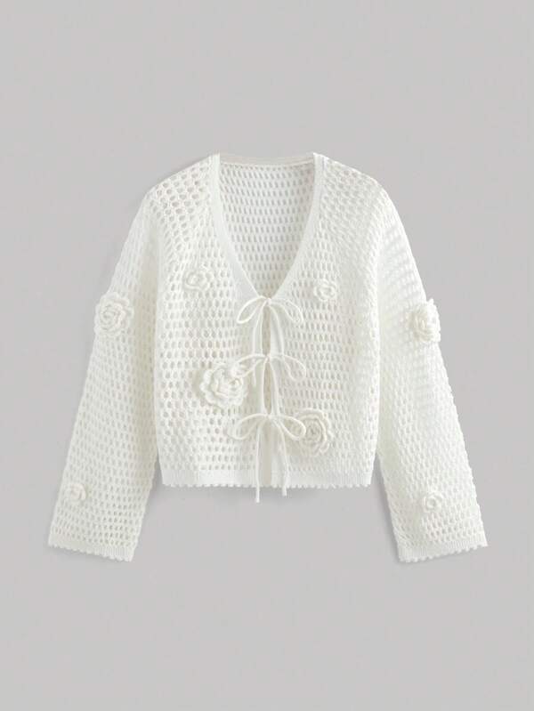 SHEIN MOD Women Plus Size White Crochet 3D Floral Loose Flare Sleeve Long Cardigan,Hollow Floral Beachwear Wool Coat