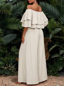SHEIN Lady 2 件套女士夏季简约纹理纯色一字肩上衣和阔腿裤 - 白色 - 查看 2