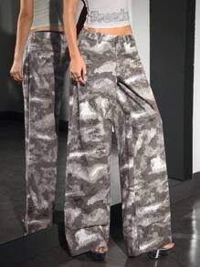 SHEIN Unity 女式全印花休闲百搭宽松阔腿牛仔裤，带口袋 - 彩色 - 查看 4