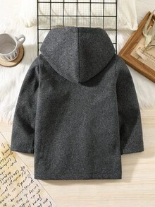 SHEIN 男童宽松保暖连帽双排扣西装外套，纯色百搭加厚连帽大衣，适合秋冬季节穿着，滑雪服，男童灰色外套，幼儿男童外套，儿童秋季外套 - 灰色 - 查看 2