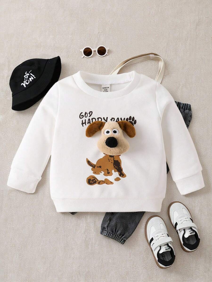SHEIN Playful Pals 男寶寶圓領毛衣，配可愛狗狗娃娃，適用於秋冬季節 - 白色 - 查看 1