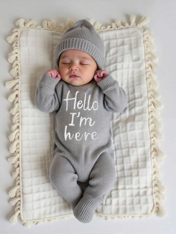 SHEIN Set de 2 piezas "Hola, estoy aquí" - Ropa de bebé recién nacido de punto para niño y niña, con bordado, mono con sombrero, para fotografía de bebés de 1 mes a 100 días