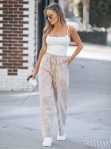 SHEIN LUNE 女式条纹双口袋直筒休闲裤 - 卡其色 - 查看 4