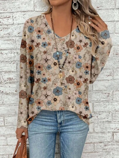 EMERY ROSE Retro Floral Print Casual Loose Fit Women Plus Size Long Sleeve T-Shirt, Suitable For Summer Fall Clothes,Vacation/Spring