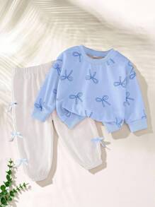 SHEIN Playful Pals Baby Girls Pink Butterfly Print Hoodie Sweatshirt And White Sweatpants Set, Autumn - Blue - View 7