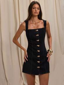 SHEIN BAE Women's Sleeveless Front Button Waist Denim Mini Dress, Casual Summer, Sleeveless Denim Mini Dress Button Front Design Summer Casual Fashion Slim Elegant Style Personalized Single Product, Old Style, Business Casual Women's Wear, Fall Clothes, Back To School, Business Casual Woman, Office Dress, Going Out Outfits, Teacher Outfits For Women - Dark Wash - View 4