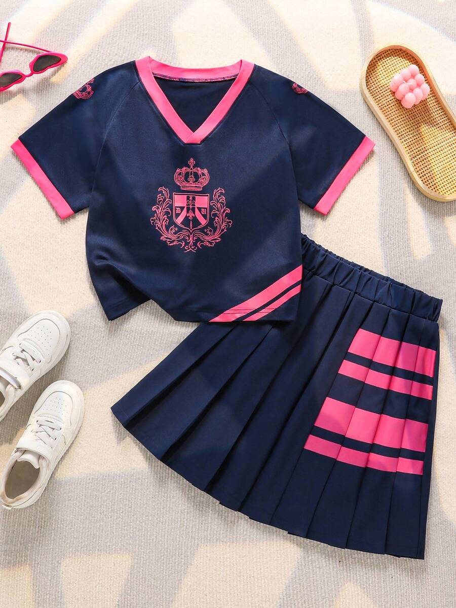 2 件女童休闲时尚美式复古拼色 T 恤和百褶裙套装，适合春夏季日常穿着和外出