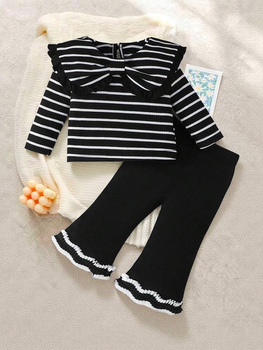 SHEIN Playful Pals 2pcs Baby Girl Autumn/Winter Cute Peter Pan Collar Striped Long Sleeve T-Shirt And Lace Ribbon Decor Pants Set, Casual And Comfortable For Outdoor - Black and White - View 1