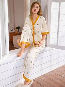 Dream Adore 泡泡皱水果印花纽扣撞色短袖衬衫和裤子女士睡衣套装柠檬睡衣套装女士睡衣套装可爱睡衣套装夏季睡衣套装女士睡衣套装