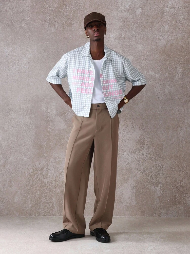 Chemise boutonnée à manches courtes et carreaux  avec imprimé texte amusant