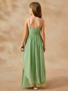 SHEIN Vestido formal elegante de flores para niña preadolescente, vestido de princesa de gasa verde con tirantes de espagueti y decoración floral 3D para vestido de dama de honor preadolescente, vestido de dama de honor junior verde salvia - Verde - Ver 2