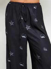 AiiRZ Palazzo Wide Leg Lounge Pants With Nautical Starfish Shell Print Drawstring Waist Resort Beachwear Summer Holiday Pants