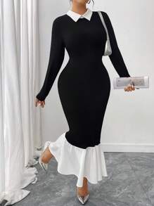 Elenzga Plus Size Elegant Color Block Patchwork Fishtail Dress