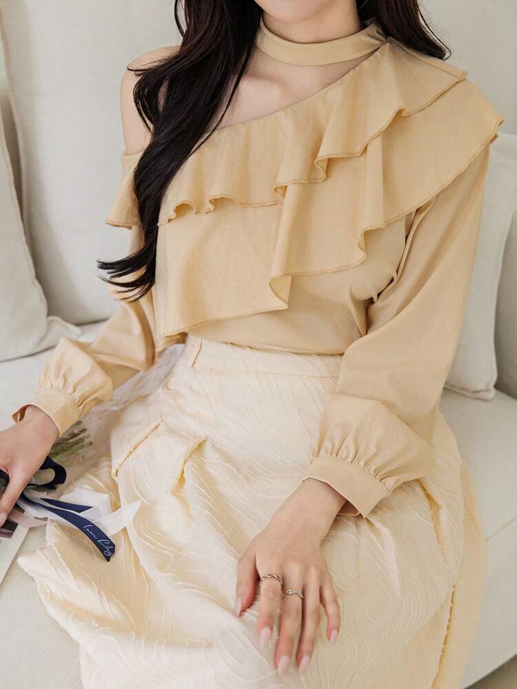 Cream Yellow Solid Color Oblique Shoulder Collar Ruffle Hem Women Blouse Long Sleeve Top