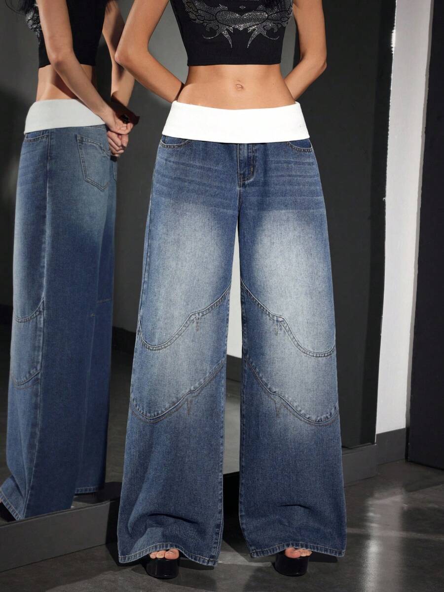 SHEIN PETITE Women's Contrast Waistband Pocket Wide Leg Loose Casual Jeans - Blue - View 1