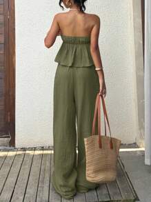 SHEIN EZwear Army Green Woven Linen Women Camisole Top And Pants Casual 2-Piece Set - Army Green - View 2