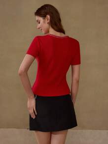 MOTF PREMIUM CAMISETA TEJIDO ACANALADO CON CINTA DE CONTRASTE - Rojo - Ver 3