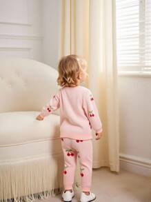 SHEIN Baby Girls Knit Sweater Co-Ord Set, Pink With Cherry Motif, Soft & Comfortable For Casual, Outdoor, Travel, Vacation, Home, Daycare, And Playtime Fall Winter