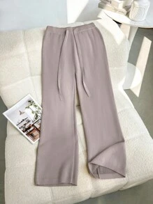 Franclia New Women High Waist Tie Waist Fashion Casual Straight Leg Wide Leg Pants, Thermal Lined Thick Knit Leggings Maillard Style Knitted Sweater Clothes For University - Bronze - View 2