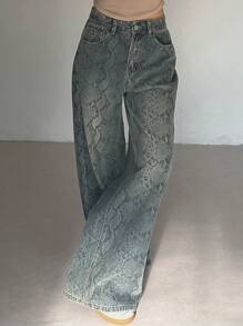 DAZY Jeans casuales versátiles de pierna ancha y bolsillos con estampado de piel de serpiente para mujeres