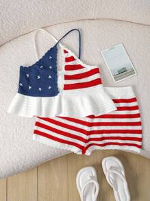 2件套女士夏季假日美国国旗印花荷叶边下摆吊带背心和短裤套装 - 彩色 - 查看 5