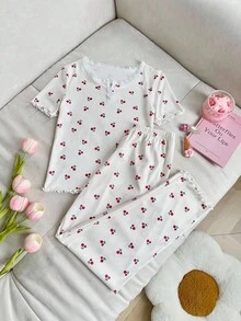 SHEIN 女童櫻桃印花蕾絲飾邊圓領短袖睡衣套裝，可愛白色夏季兩件式睡衣，青少年女孩套裝 - 彩色 - 查看 4