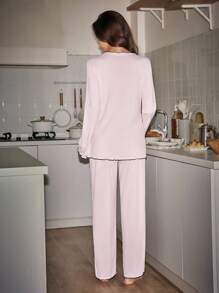 Lowkey Lull Contrast Binding Lettuce Trim Tee & Trousers PJ Set - Baby Pink - View 3