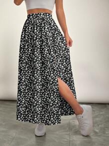 SHEIN VCAY Jupe casual à taille élastique avec fente à l'ourlet, motif floral noir et blanc, adapté pour le printemps et l'automne, pour grandes tailles