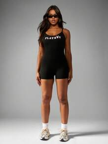 Missguided x Playboy MISSGUIDED Unitard da donna con schiena incrociata, abbigliamento attivo alla moda, tuta jumpsuit, abbigliamento da yoga, body aderente