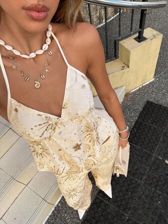 Siren Gaze Top de tirantes halter sin espalda con patchwork de lentejuelas, moda de verano para mujer